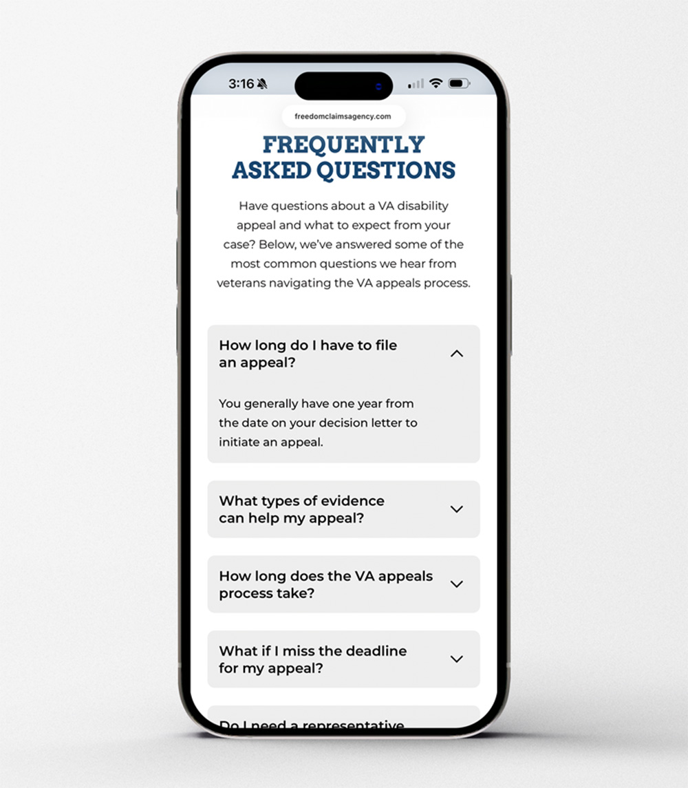 Mobile phone screen showing Freedom Claims Agency FAQ section about VA disability appeals.