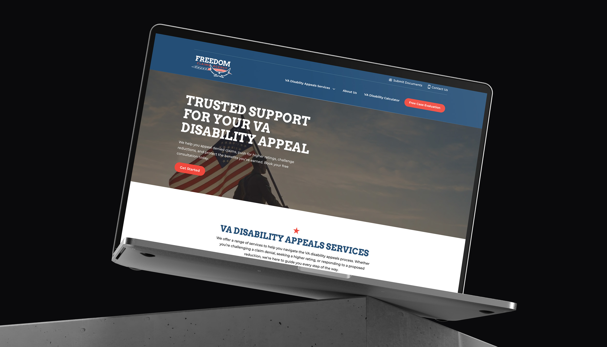 Laptop mockup displaying Freedom Claims Agency home page with VA disability appeals services.