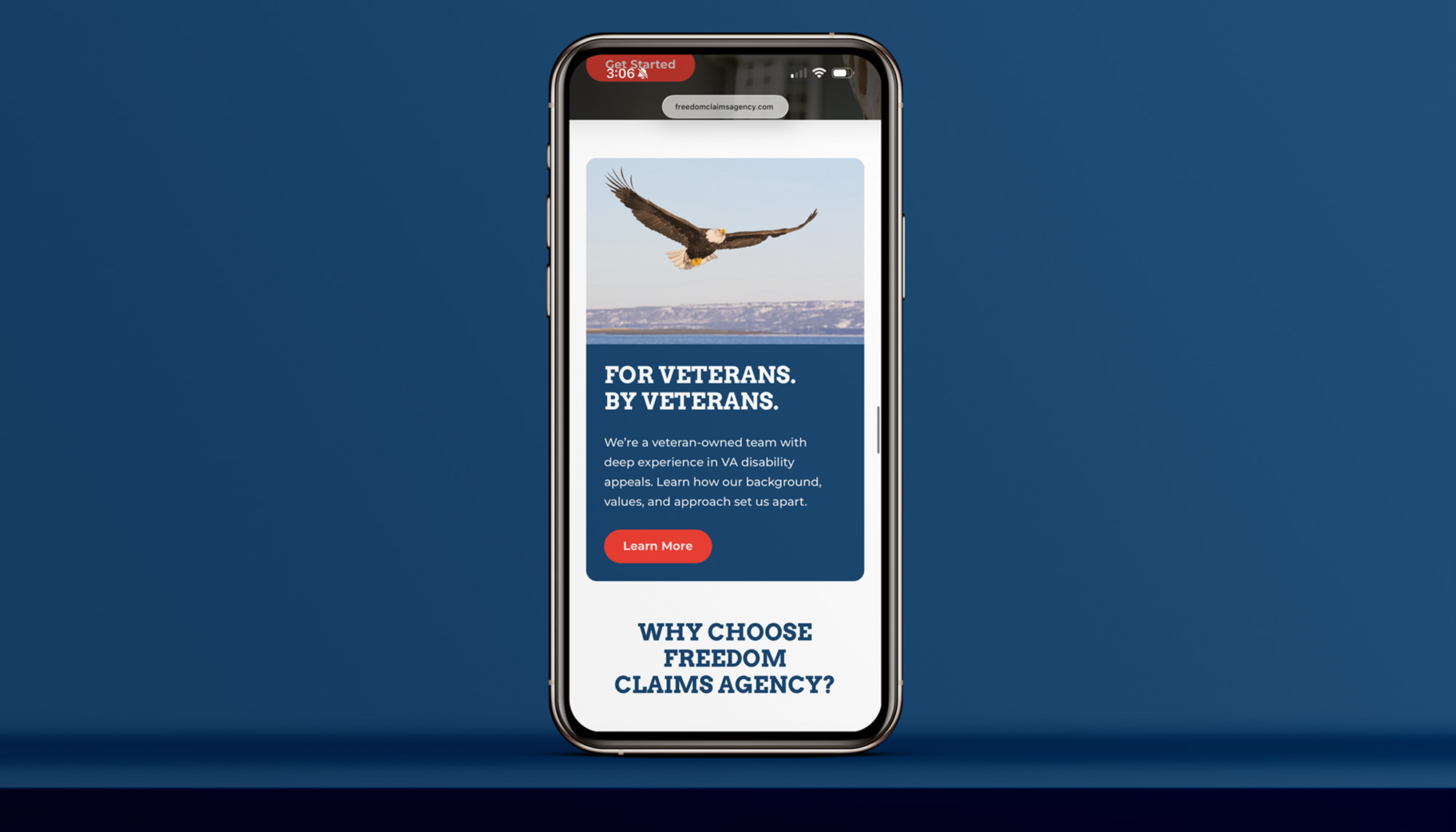 Smartphone mockup showing Freedom Claims Agency website section with eagle image and veteran-focused message.