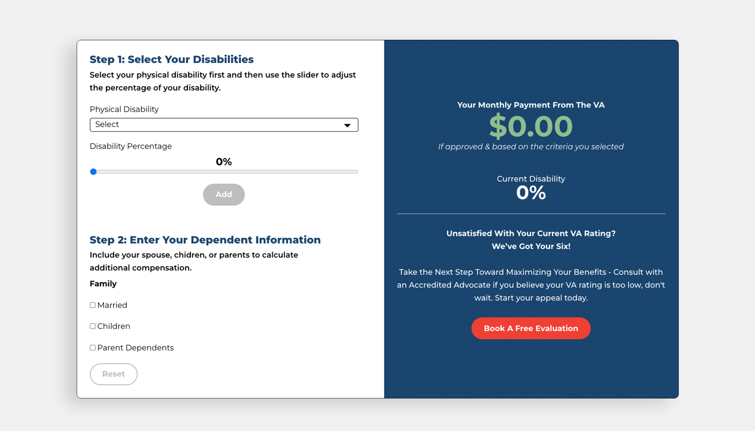 Screenshot of Freedom Claims Agency VA disability calculator tool with disability percentage and compensation estimate.